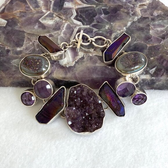 Chris Bales Sterling Silver 925 Heavy Amethyst Druzy Multi Gemstone Bracelet 61g - Picture 3 of 16